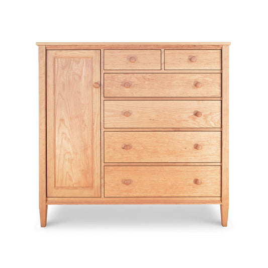 Vermont Shaker Gent's Chest by Maple Corner Woodworks, showcasing its elegant design with a side cabinet and multiple drawers adorned with round knobs.