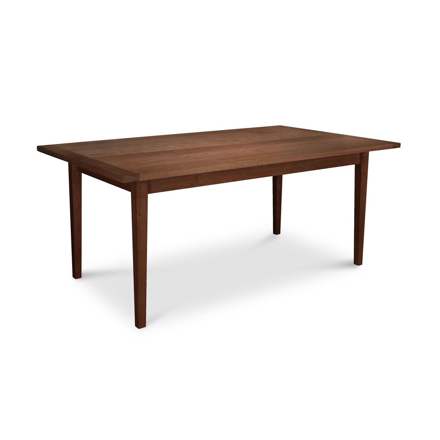Vermont Shaker Solid Top Harvest Table by Maple Corner Woodworks, rectangular wooden table with a smooth surface and four tapered legs in a rich dark brown finish, showcasing traditional elegance.