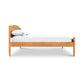 A single Maple Corner Woodworks Vermont Shaker Moon Bed with white bedding isolated on a white background.