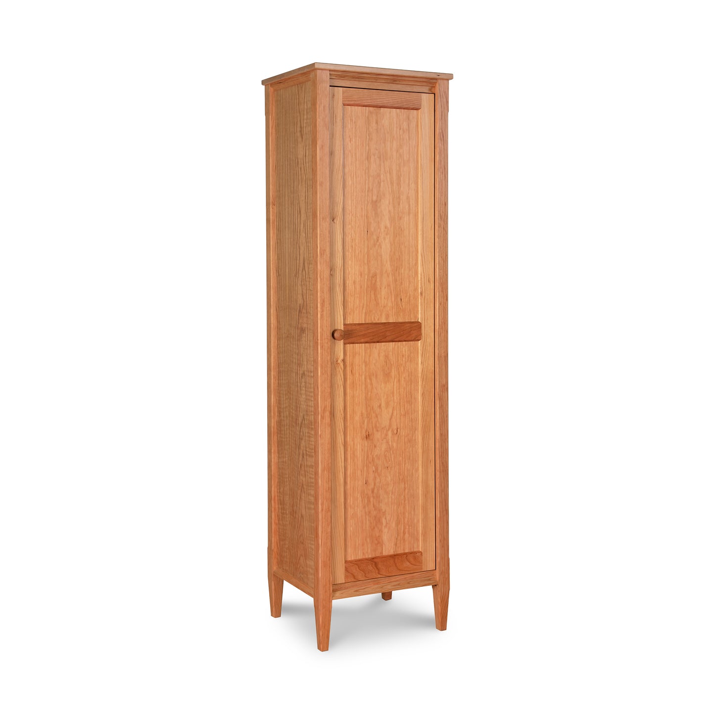 Vermont Shaker Narrow Bookcase with Mirror, crafted from sustainably harvested woods, with a single door, standing against a white background by Maple Corner Woodworks.