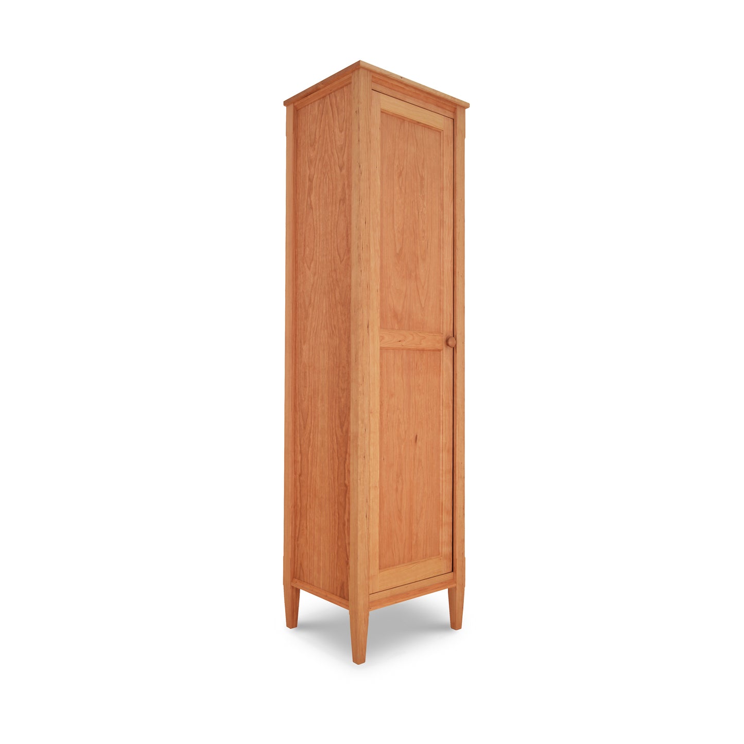 A Vermont Shaker Narrow Bookcase with Mirror, crafted from sustainably harvested woods by Maple Corner Woodworks, standing against a white background.