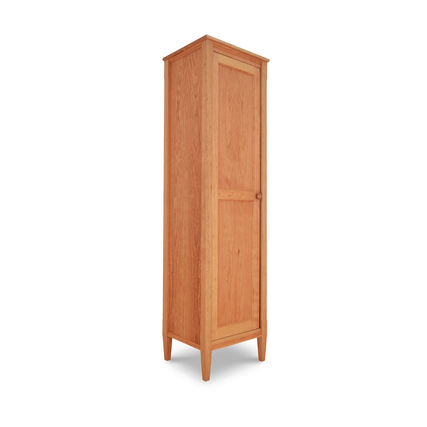 Vermont Shaker Narrow Bookcase with Mirror by Maple Corner Woodworks, showcasing a slim wooden cabinet with a single door and minimalist four-legged design