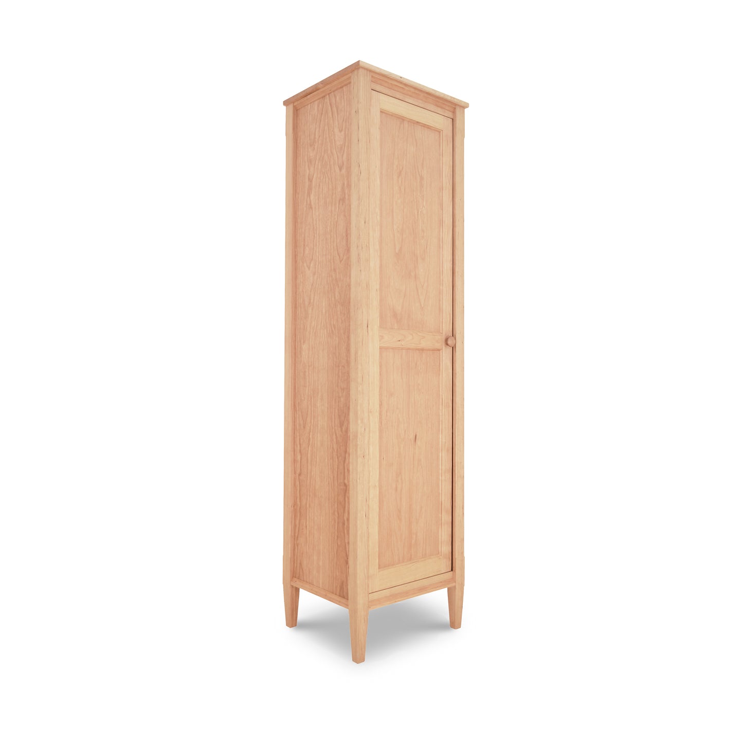 A tall wooden Vermont Shaker Narrow Bookcase with Mirror, crafted from sustainably harvested woods by Maple Corner Woodworks, with a single closed door, standing on four legs, isolated against a white background.