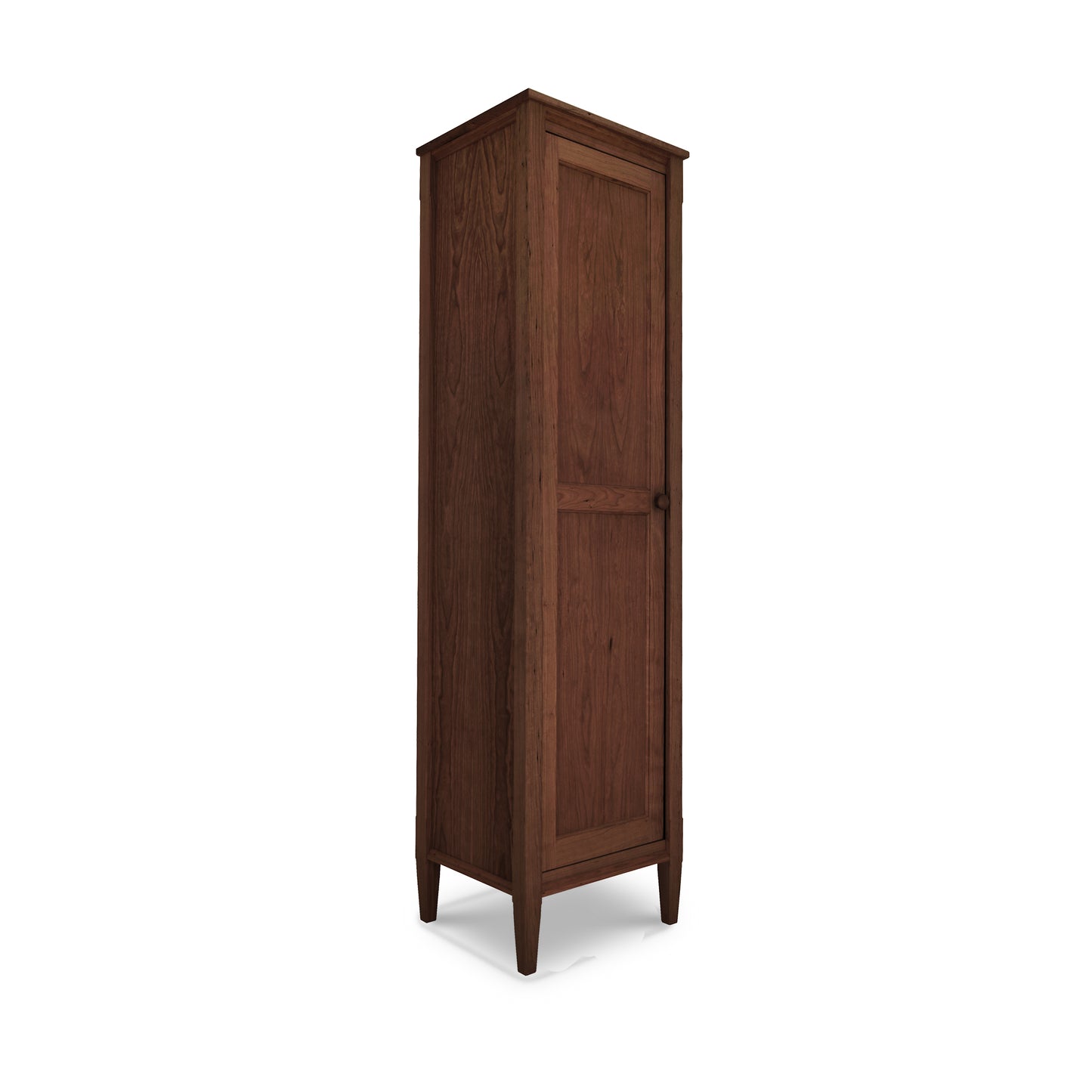 A tall Vermont Shaker Narrow Bookcase with Mirror from Maple Corner Woodworks, with closed doors, standing isolated against a white background.