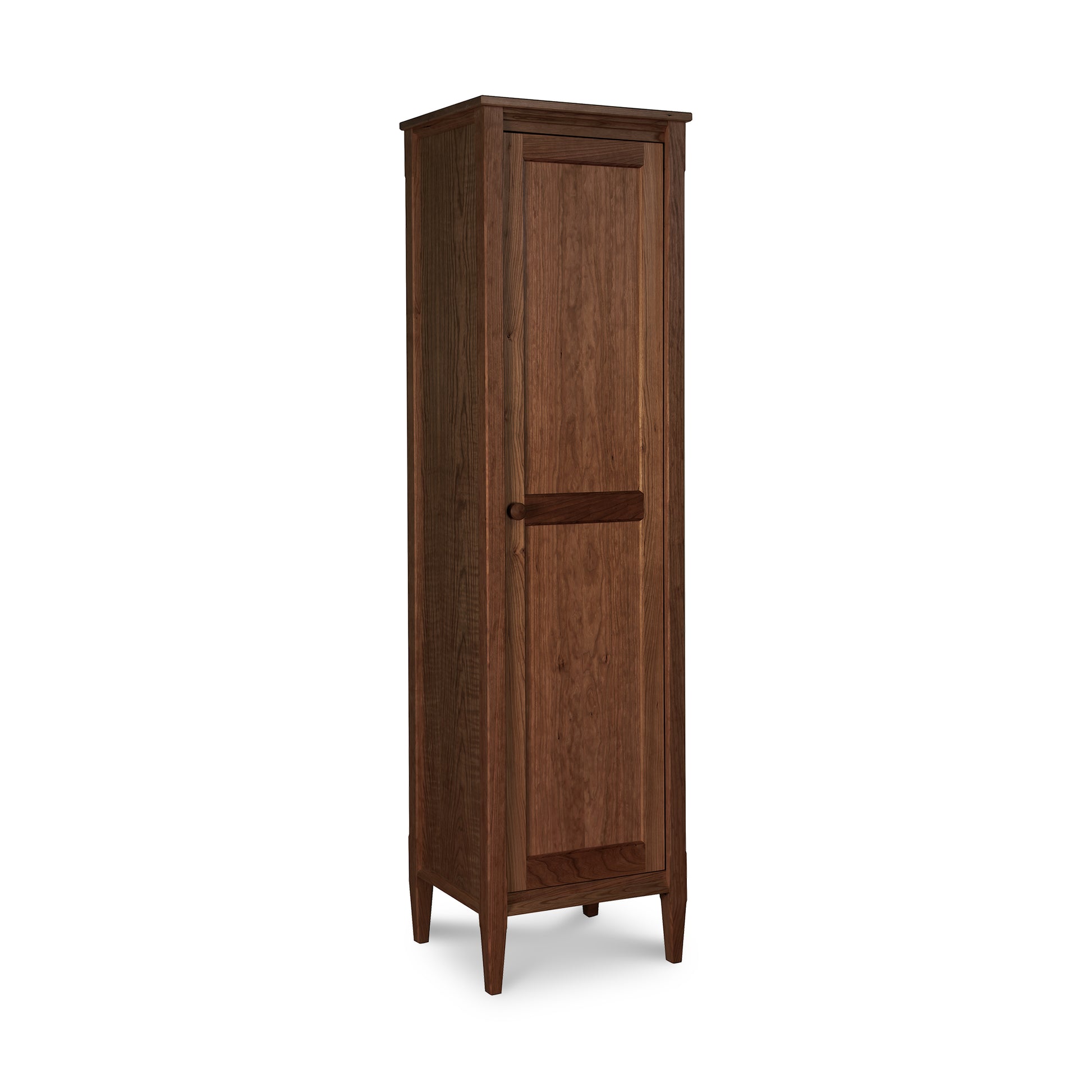Tall Vermont Shaker Narrow Bookcase by Maple Corner Woodworks in solid wood with a dark brown finish and round handle.