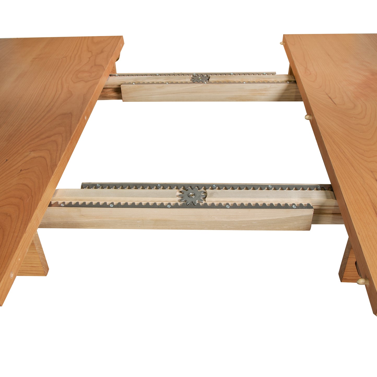 Vermont Shaker Rectangular Extension Dining Table featuring intricate metal gears and tracks for extension with elegantly separated leaves.
