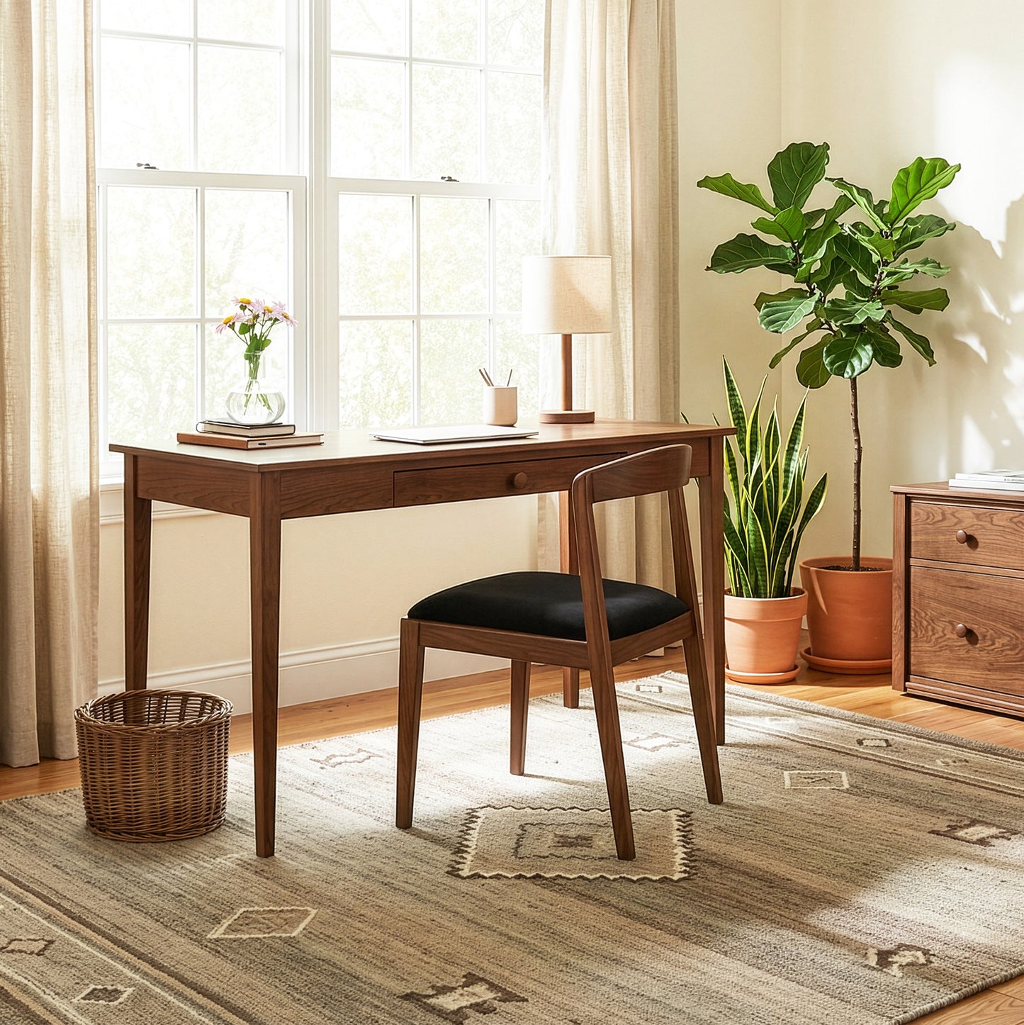 The Vermont Shaker Writing Desk by Maple Corner Woodworks, crafted from solid wood, shown with matching chair and subtle decorative accents.