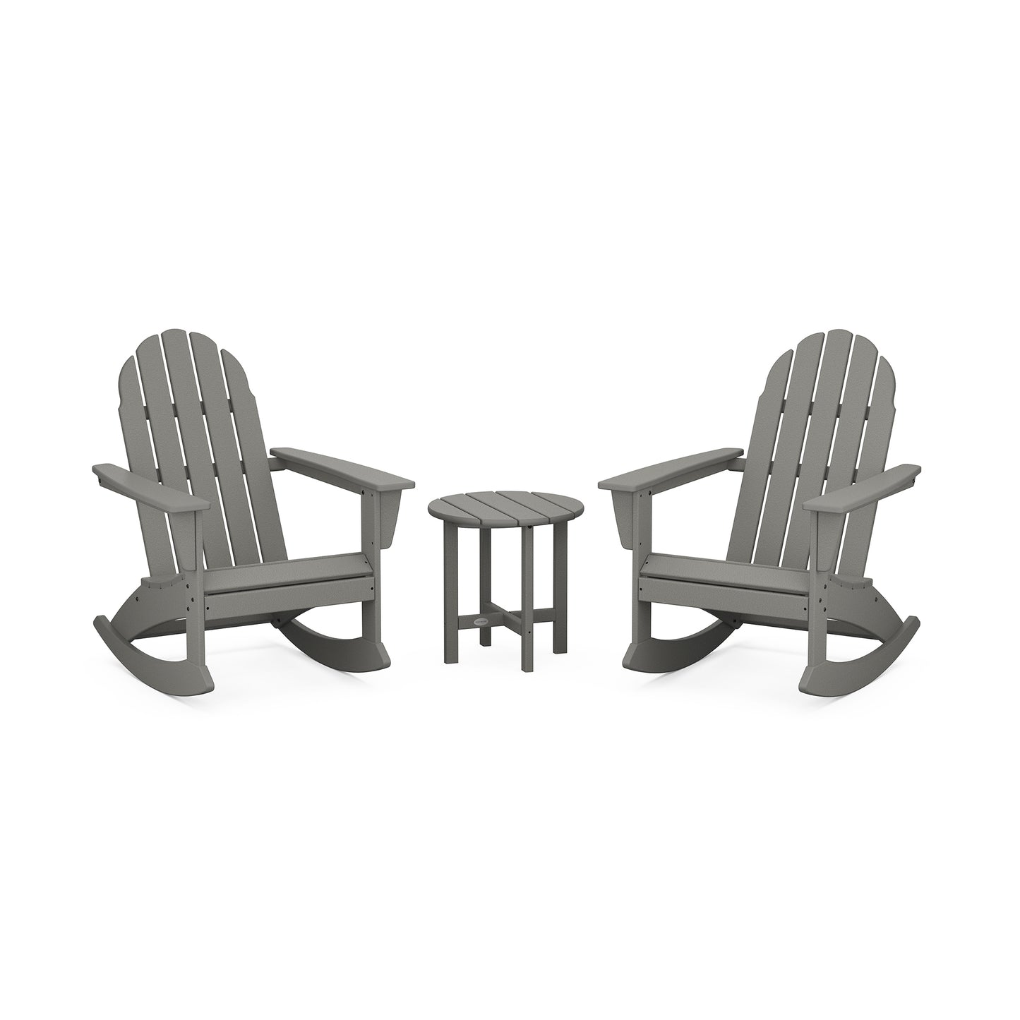 Grey POLYWOOD Vineyard 3-piece Adirondack Rocking Chair Set featuring two rockers and a round table.