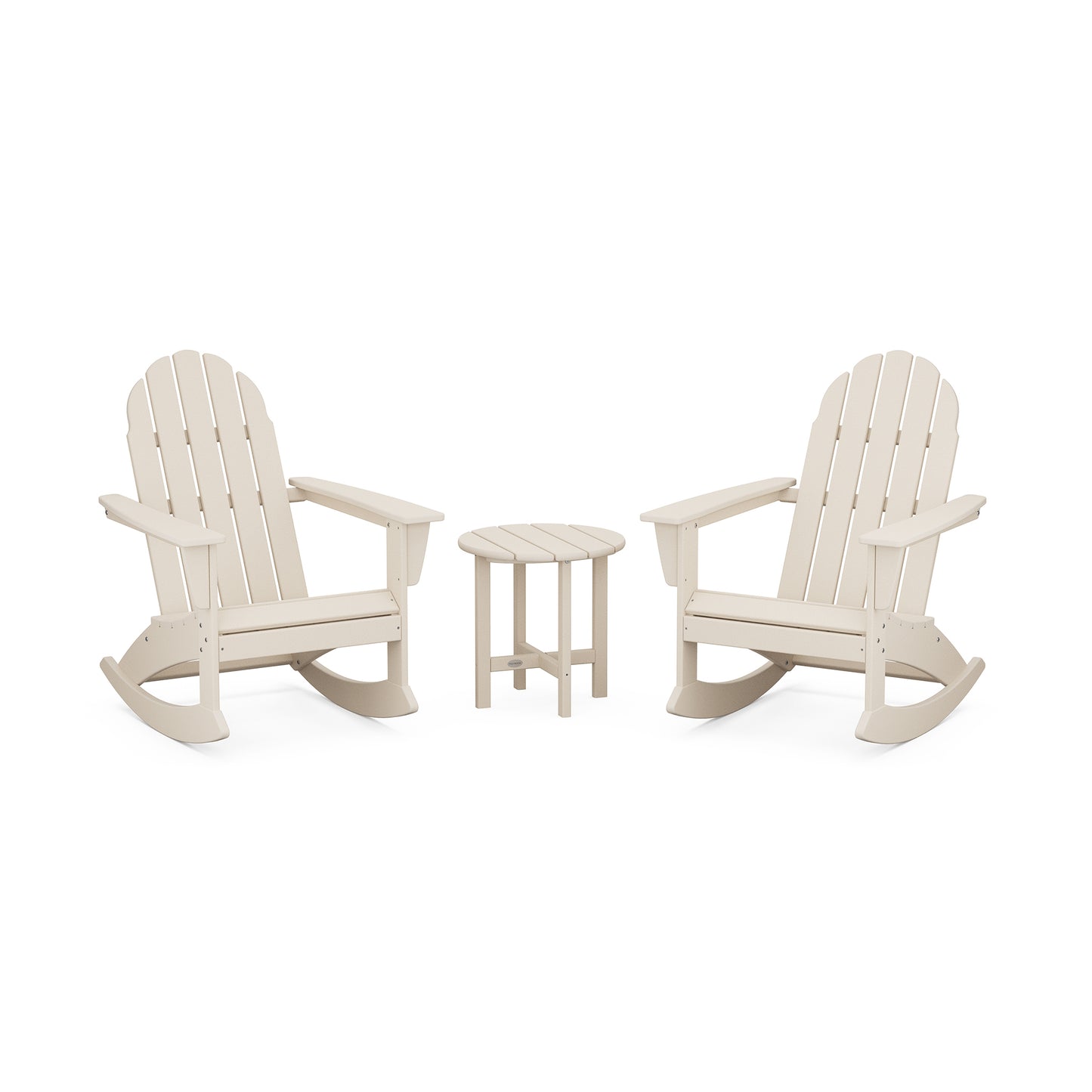 Beige POLYWOOD Vineyard 3-Piece Adirondack Rocking Chair Set with two rockers and a side table.