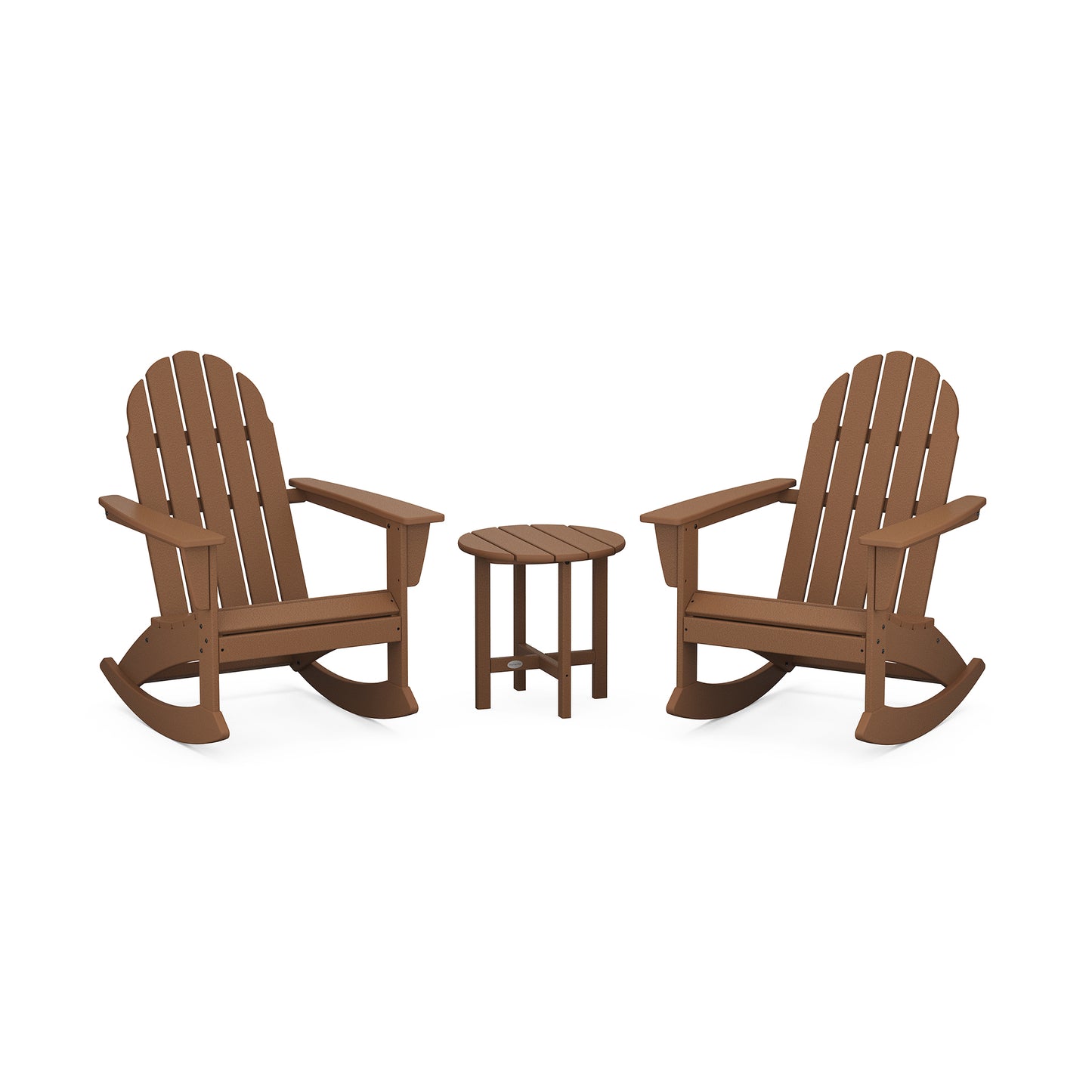 POLYWOOD Vineyard Adirondack Rocking Chair Set with two rocking chairs and a round table.