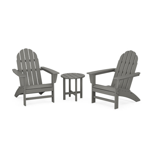 Two gray POLYWOOD Vineyard 3-Piece Adirondack Sets facing each other with a small round table between them, set on a plain white background.