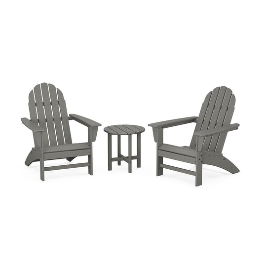 POLYWOOD Vineyard 3-Piece Adirondack Set featuring a durable round table and two gray chairs made from long-lasting POLYWOOD® lumber.