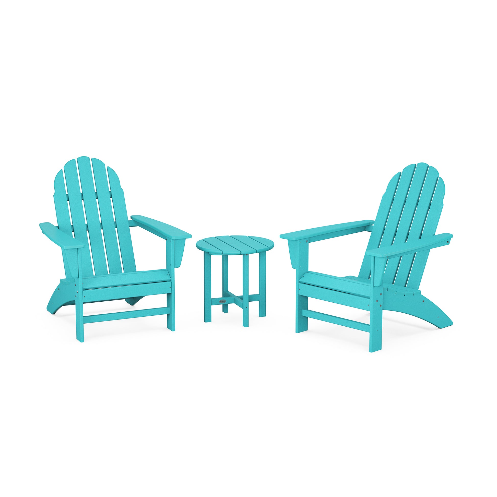 Two turquoise POLYWOOD Vineyard Adirondack chairs and a small matching table set against a plain white background.
