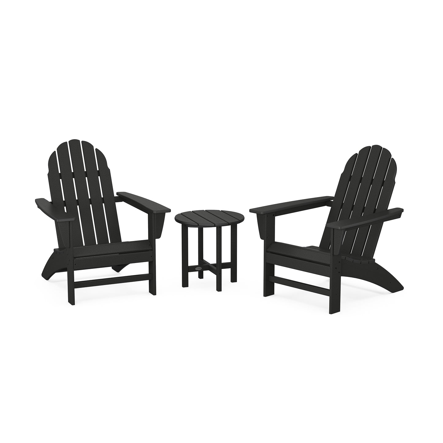 Two black POLYWOOD Vineyard Adirondack chairs facing each other with a small round matching table between them, set against a plain white background, form part of a POLYWOOD Vineyard 3-Piece Patio Set.