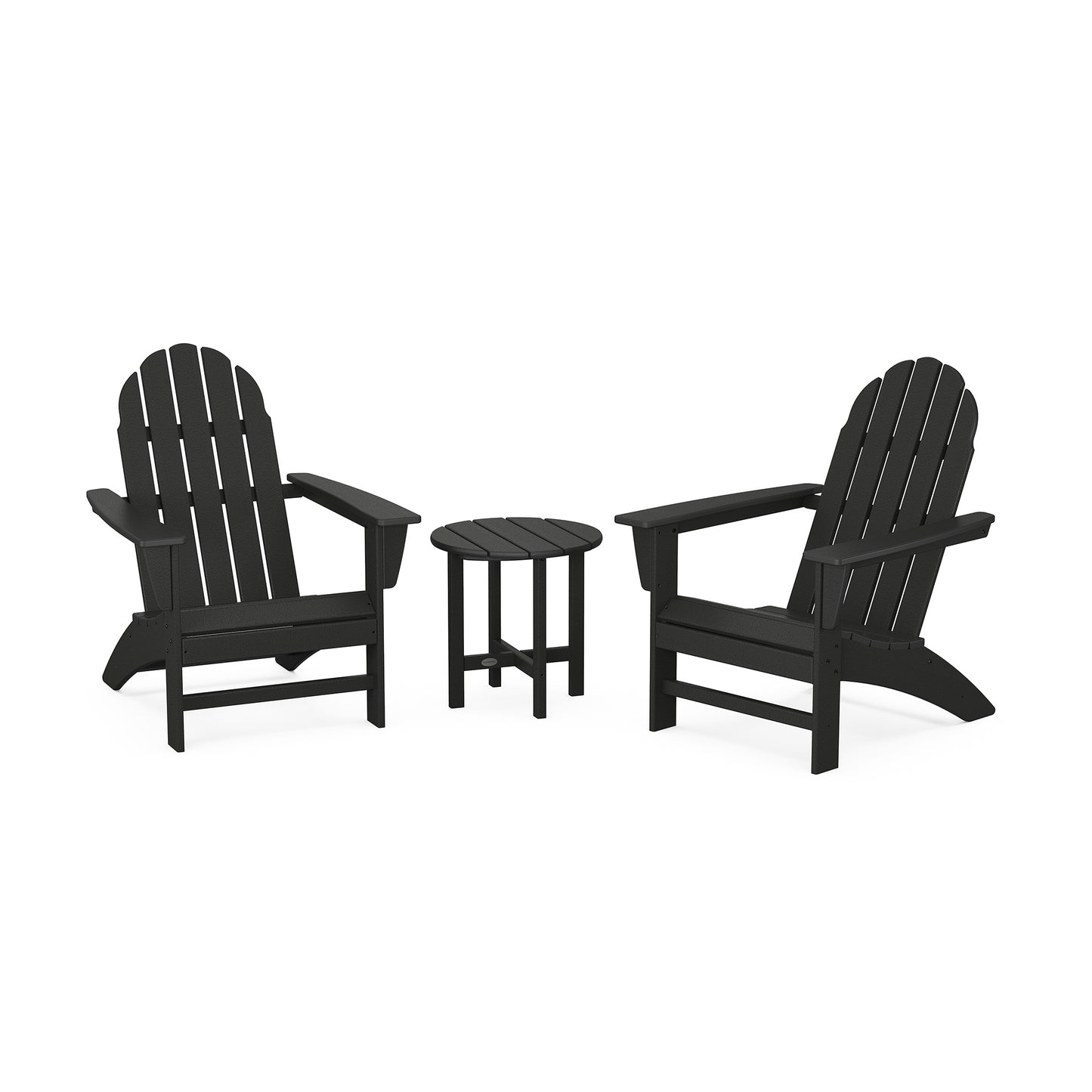 Black POLYWOOD Vineyard Adirondack chairs and round side table set made of durable lumber.