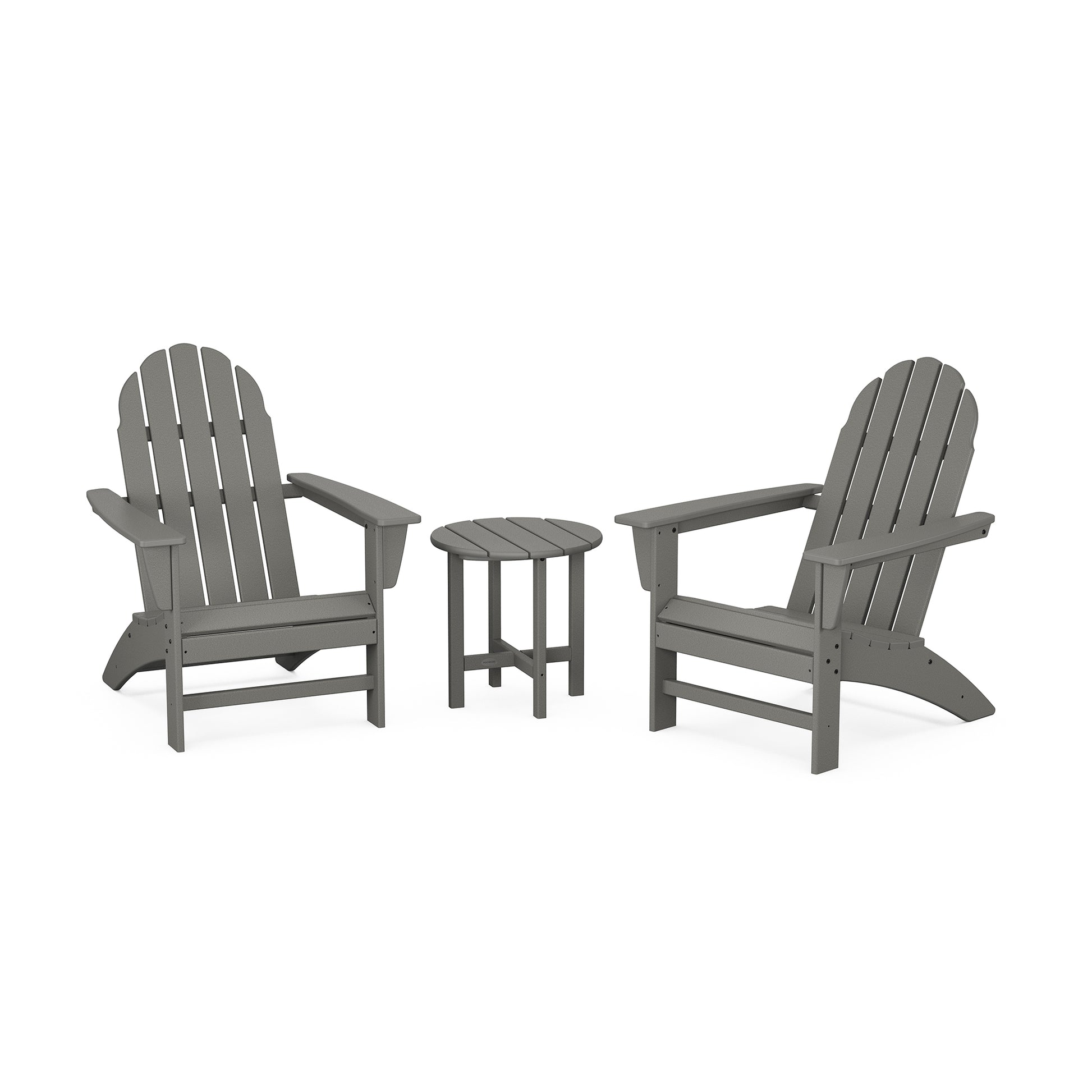 Two gray POLYWOOD Vineyard 3-Piece Adirondack Sets face each other with a small round table in between, set against a plain white background.