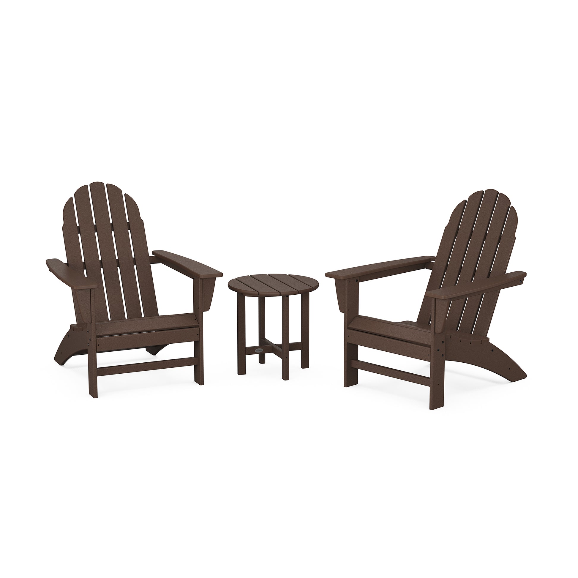 Two brown contoured POLYWOOD Vineyard Adirondack chairs facing each other with a small round table between them, set against a plain white background.