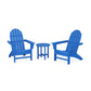 Two blue POLYWOOD Vineyard Adirondack chairs facing each other with a small matching side table between them, all set against a plain white background.