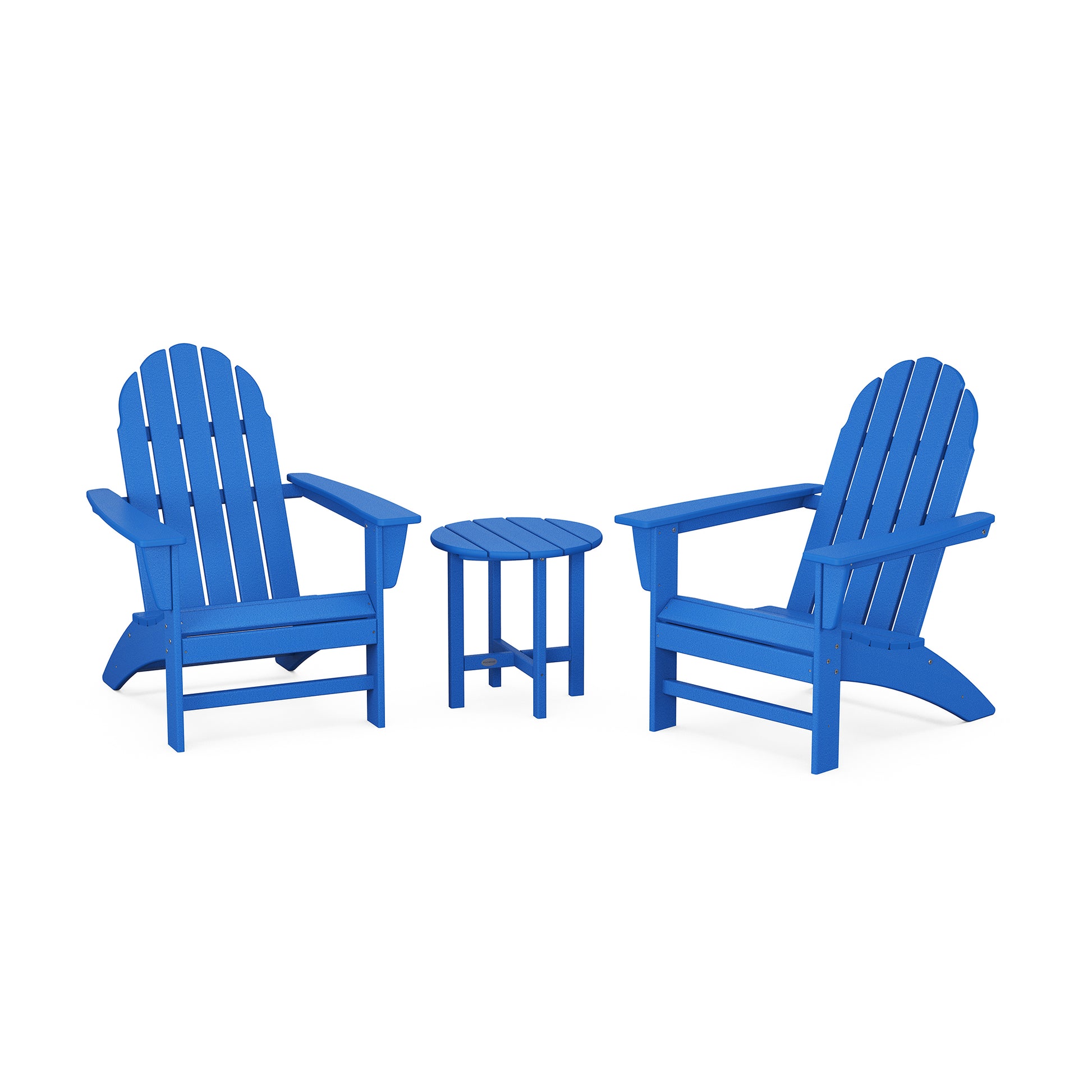 Two blue POLYWOOD Vineyard Adirondack chairs facing each other with a small matching side table between them, all set against a plain white background.