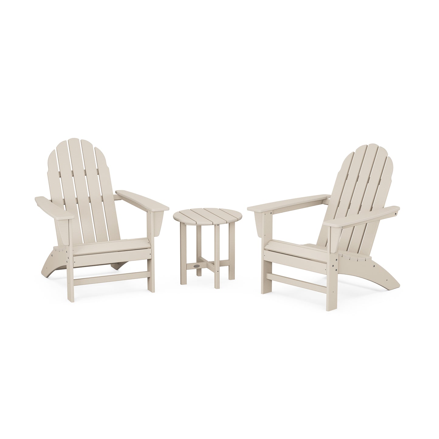 POLYWOOD Vineyard 3-Piece Adirondack Set featuring two beige chairs and a compact round table crafted from durable POLYWOOD lumber.