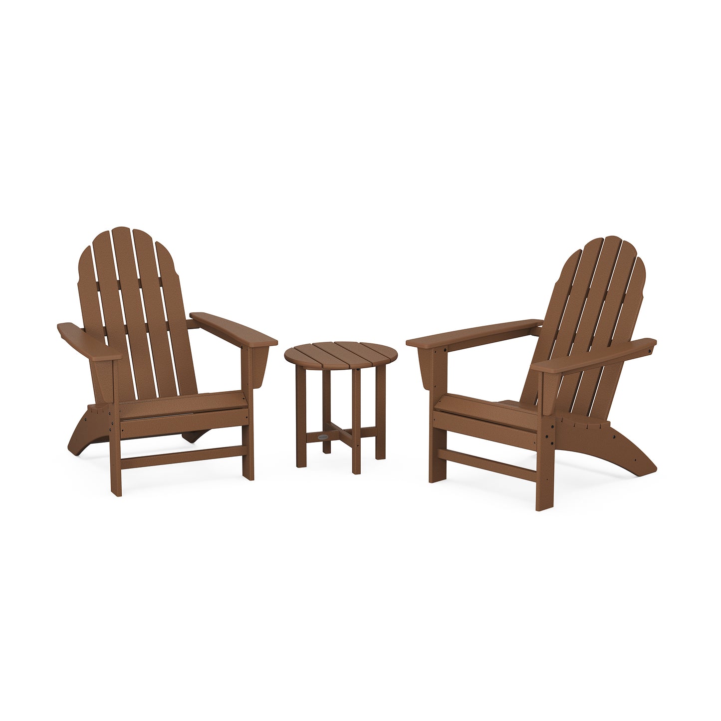 Brown POLYWOOD Vineyard Adirondack chairs with matching side table, crafted from durable POLYWOOD® lumber.