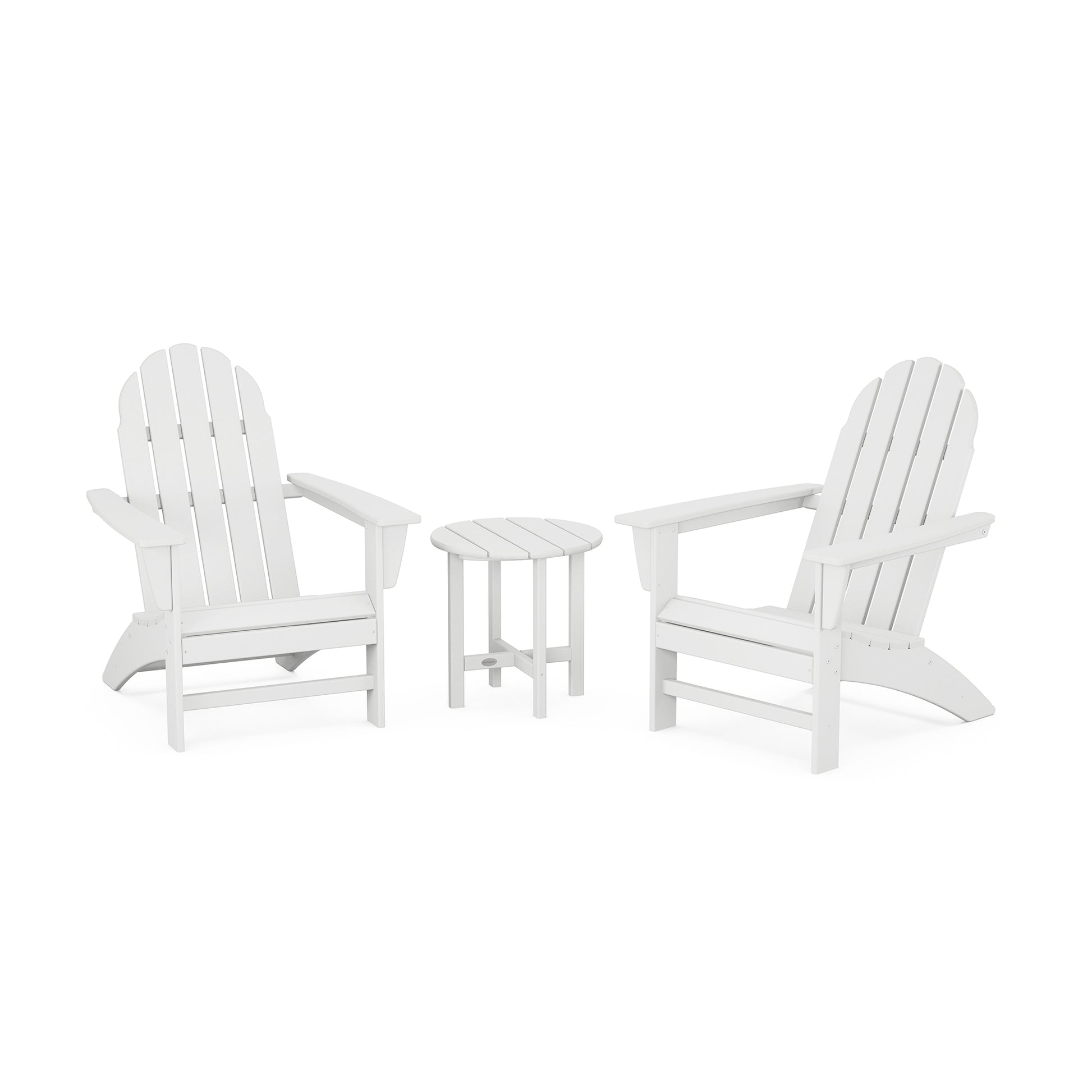 Two white POLYWOOD Vineyard Adirondack chairs with a matching small round table between them, arranged on a plain white background, creating an elegant 3-piece patio set.
