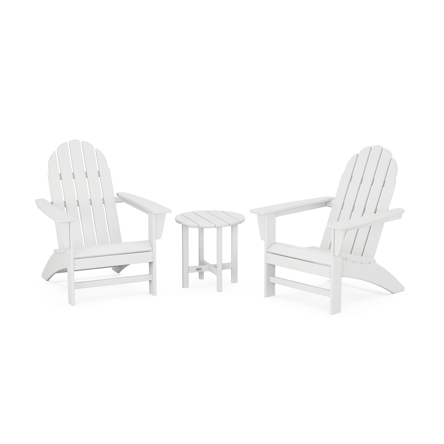 White POLYWOOD Vineyard Adirondack chairs with a matching side table.