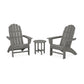 Two gray POLYWOOD Vineyard 3-Piece Curveback Adirondack Sets and a small matching round table set on an isolated white background.
