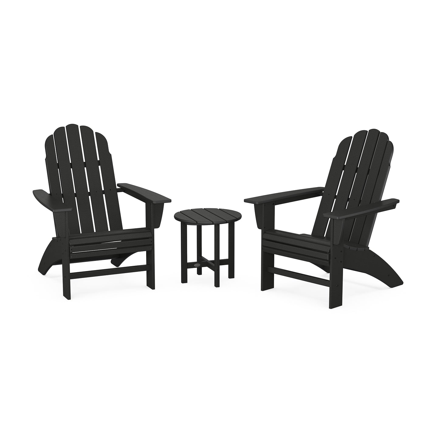 Two black POLYWOOD Vineyard 3-Piece Curveback Adirondack chairs with a matching small round table between them, set against a white background.