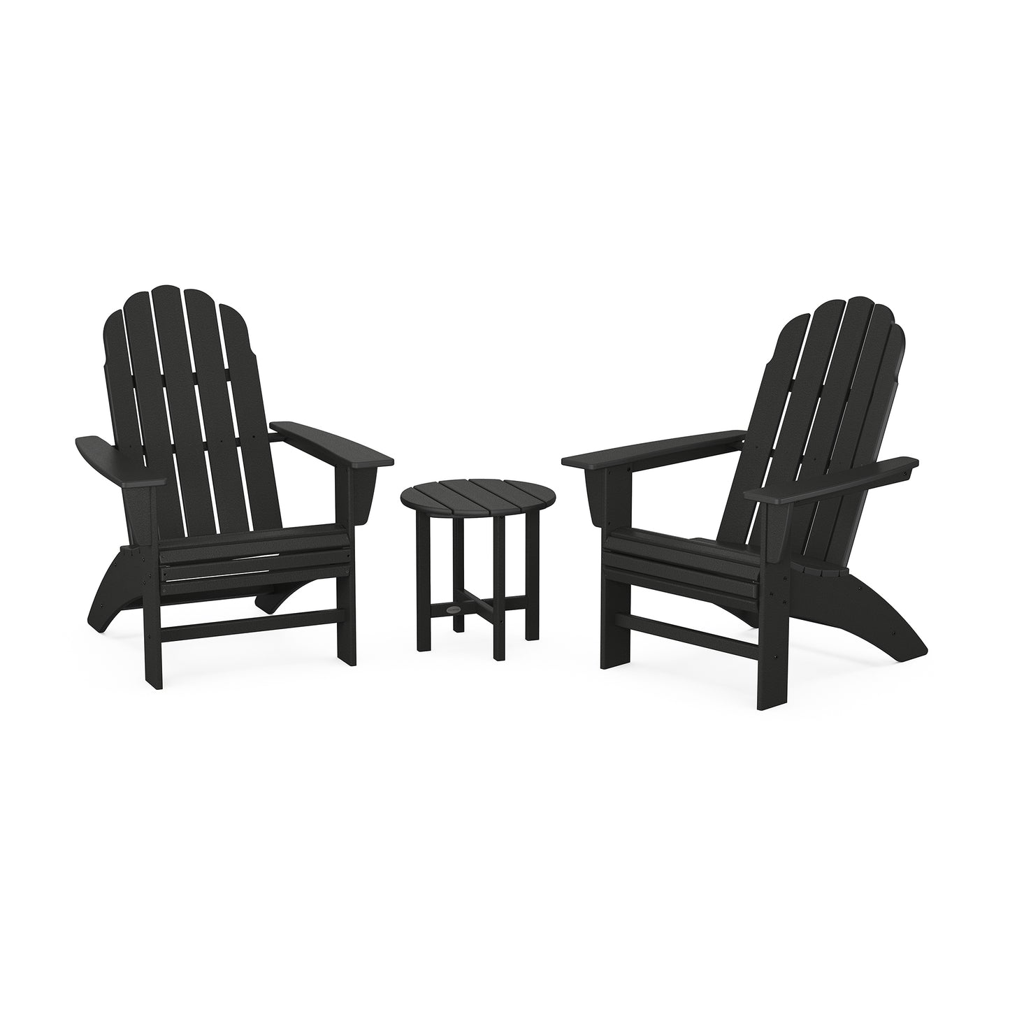 Dark green POLYWOOD Vineyard Adirondack chairs with matching side table.