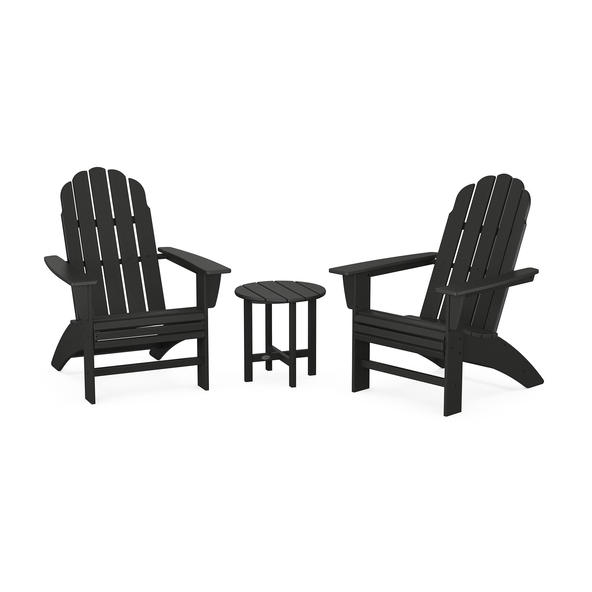 Dark green POLYWOOD Vineyard Adirondack chairs with matching side table.