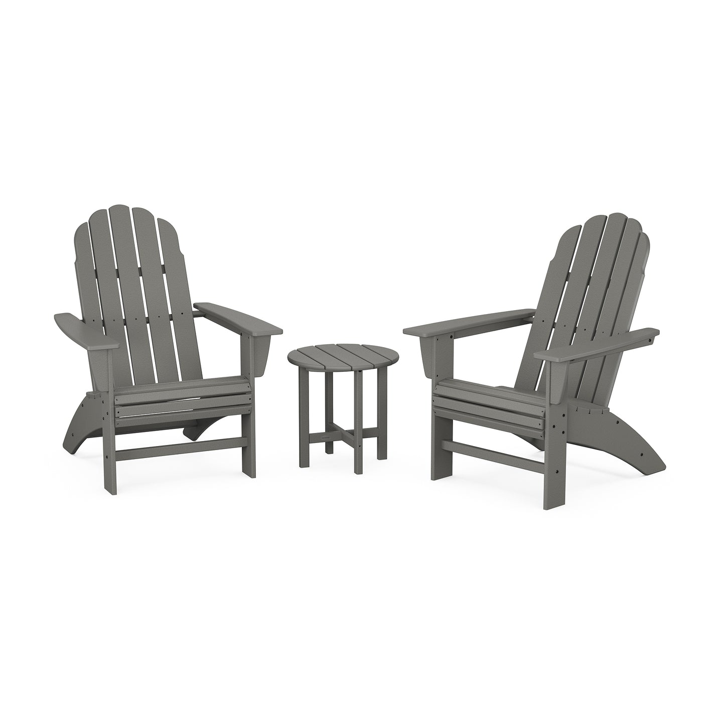 Two gray POLYWOOD Vineyard 3-Piece Curveback Adirondack Sets with a matching small round table, displayed against a plain white background. The chairs are angled towards each other, suggesting a conversational setting.