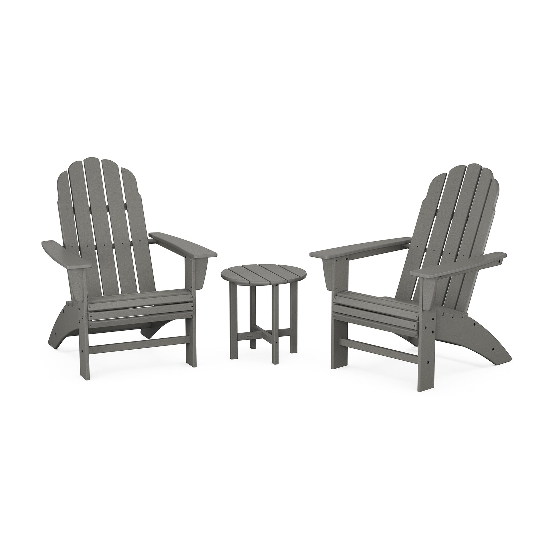 Gray POLYWOOD Vineyard 3-Piece Curveback Adirondack Set with two chairs and a small round table.