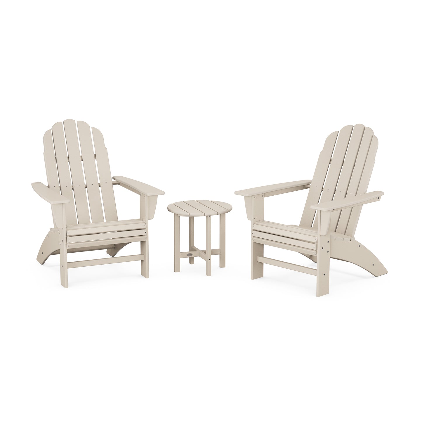 Two beige weather-resistant POLYWOOD Vineyard 3-Piece Curveback Adirondack Sets facing each other with a small round table between them, set on a plain white background.