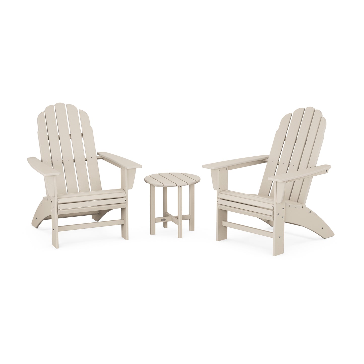 Beige POLYWOOD Vineyard chairs with wide armrests and a small round table form an ideal outdoor furniture set.
