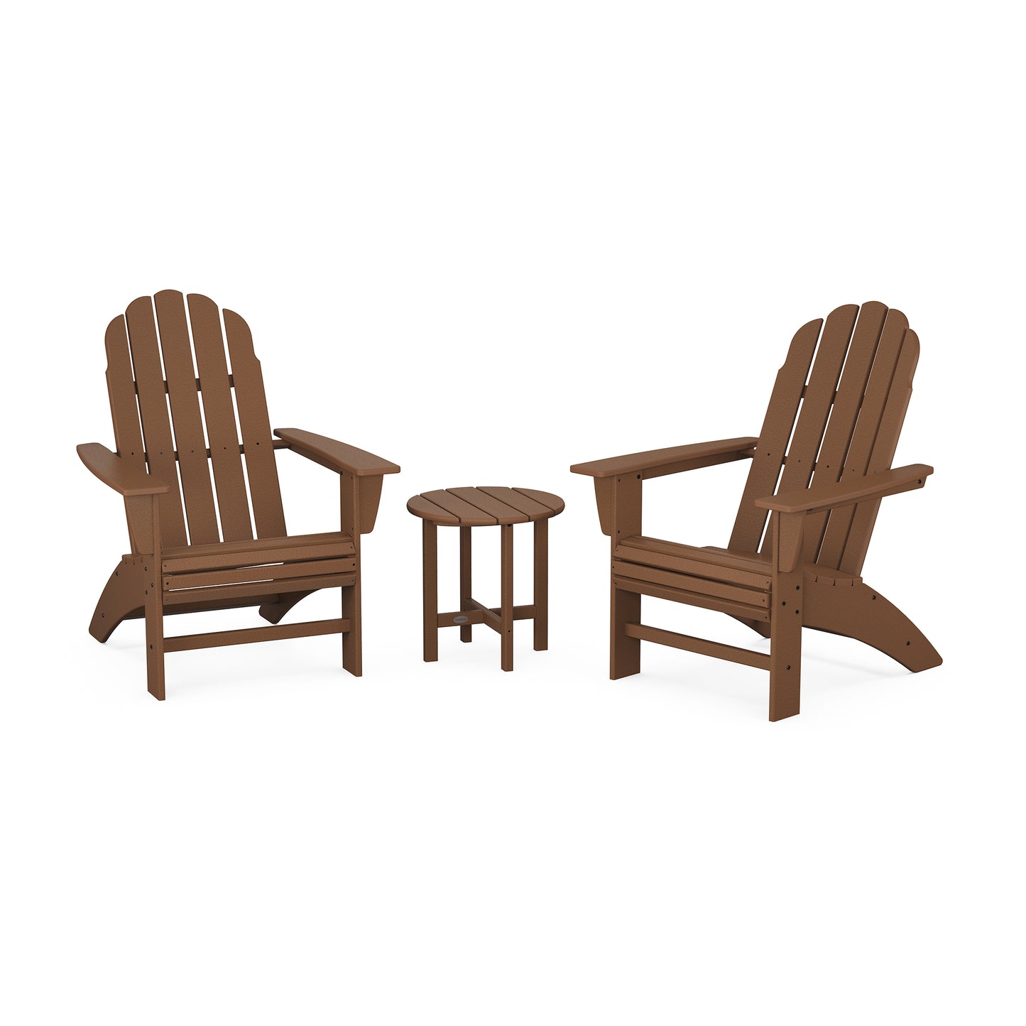 Brown POLYWOOD® Vineyard Curveback Adirondack Set with two chairs and a round table.