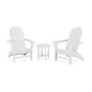 Two white weather-resistant POLYWOOD Vineyard 3-Piece Curveback Adirondack sets facing each other with a small round table between them, set against a plain white background.