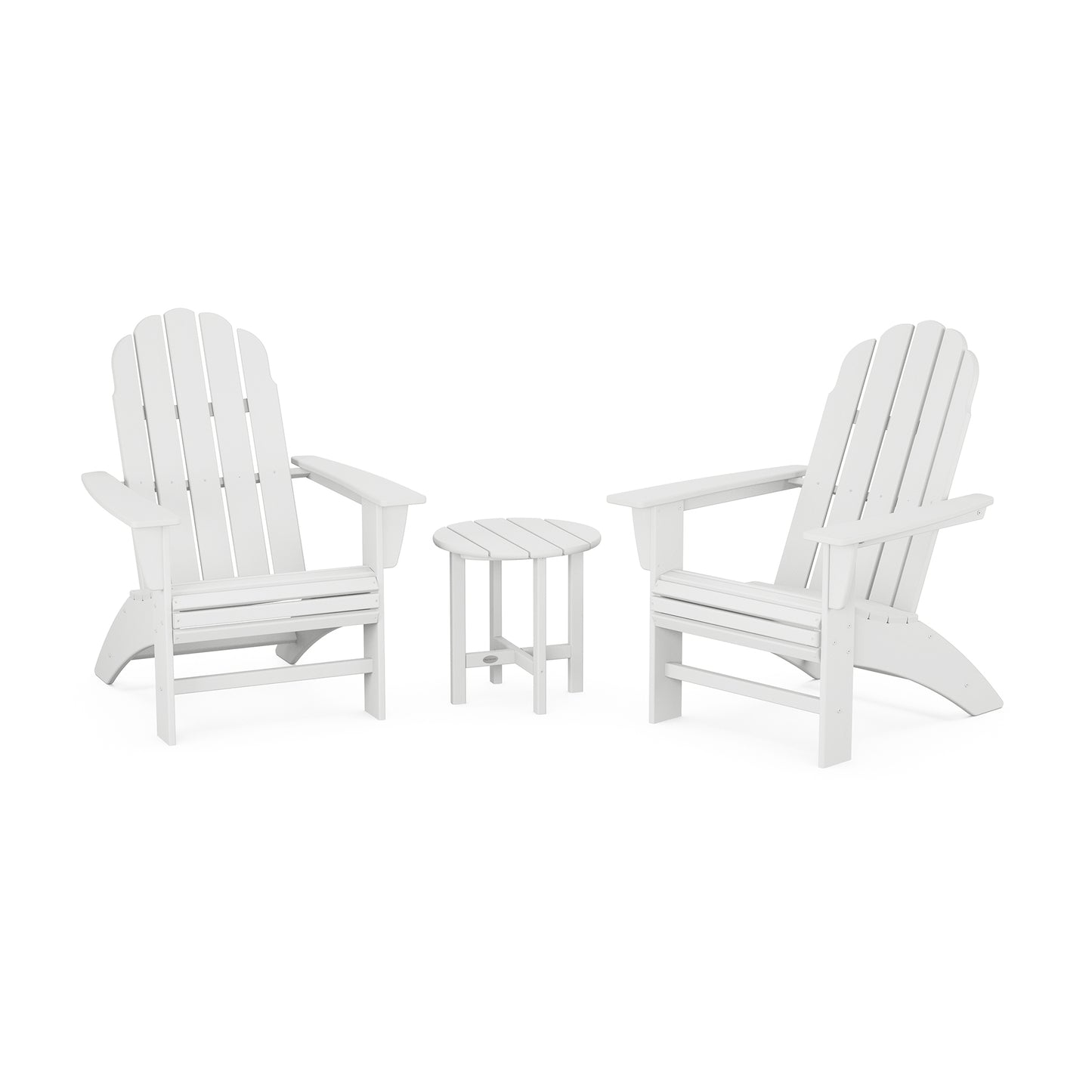 Two white weather-resistant POLYWOOD Vineyard 3-Piece Curveback Adirondack sets facing each other with a small round table between them, set against a plain white background.