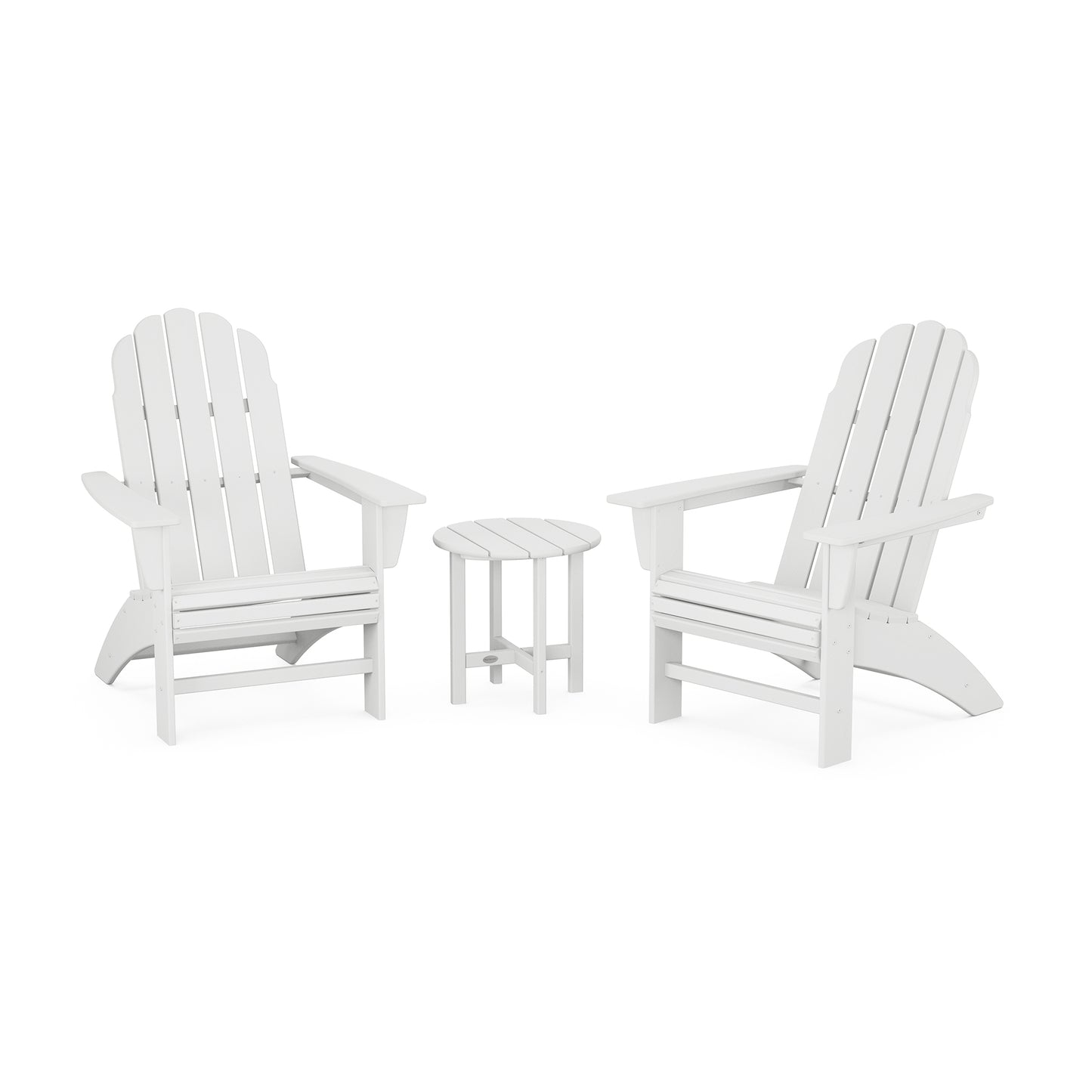 White POLYWOOD Vineyard Curveback Adirondack chairs with a matching round side table.