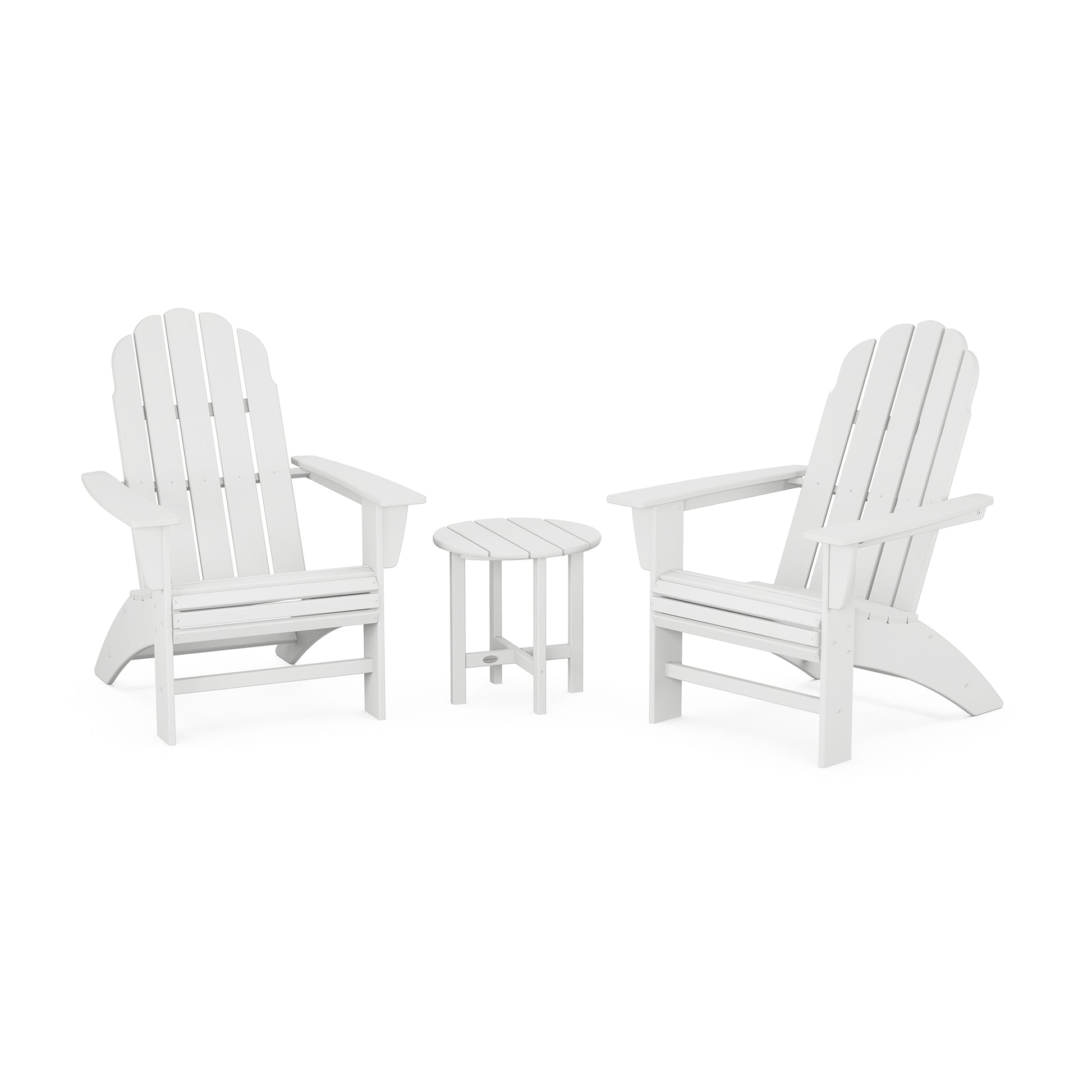 White POLYWOOD Vineyard Curveback Adirondack chairs with a matching round side table.