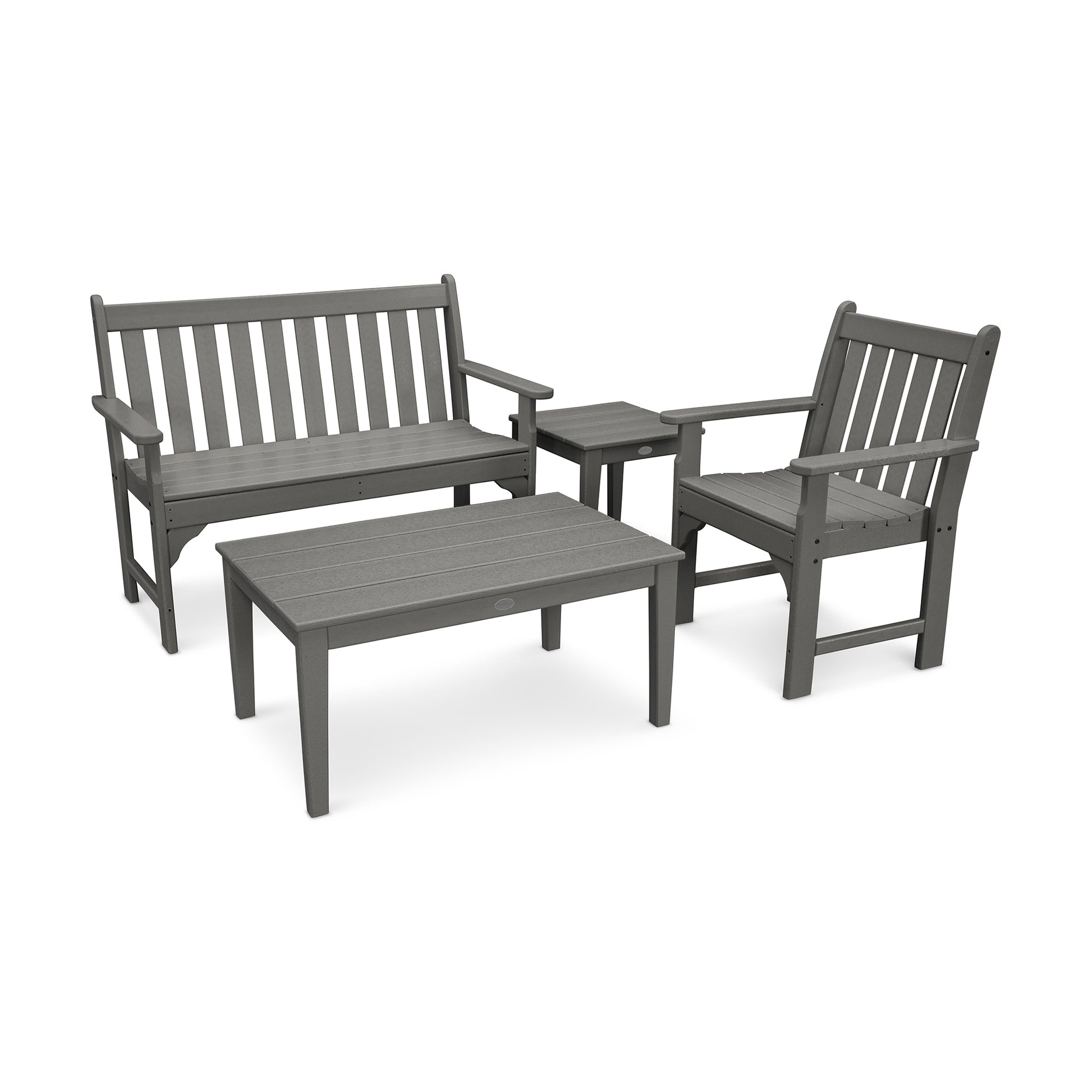 A set of POLYWOOD outdoor furniture, featuring a gray two-seater bench, two single chairs, and a matching rectangular coffee table, all made of synthetic material on an isolated white background.