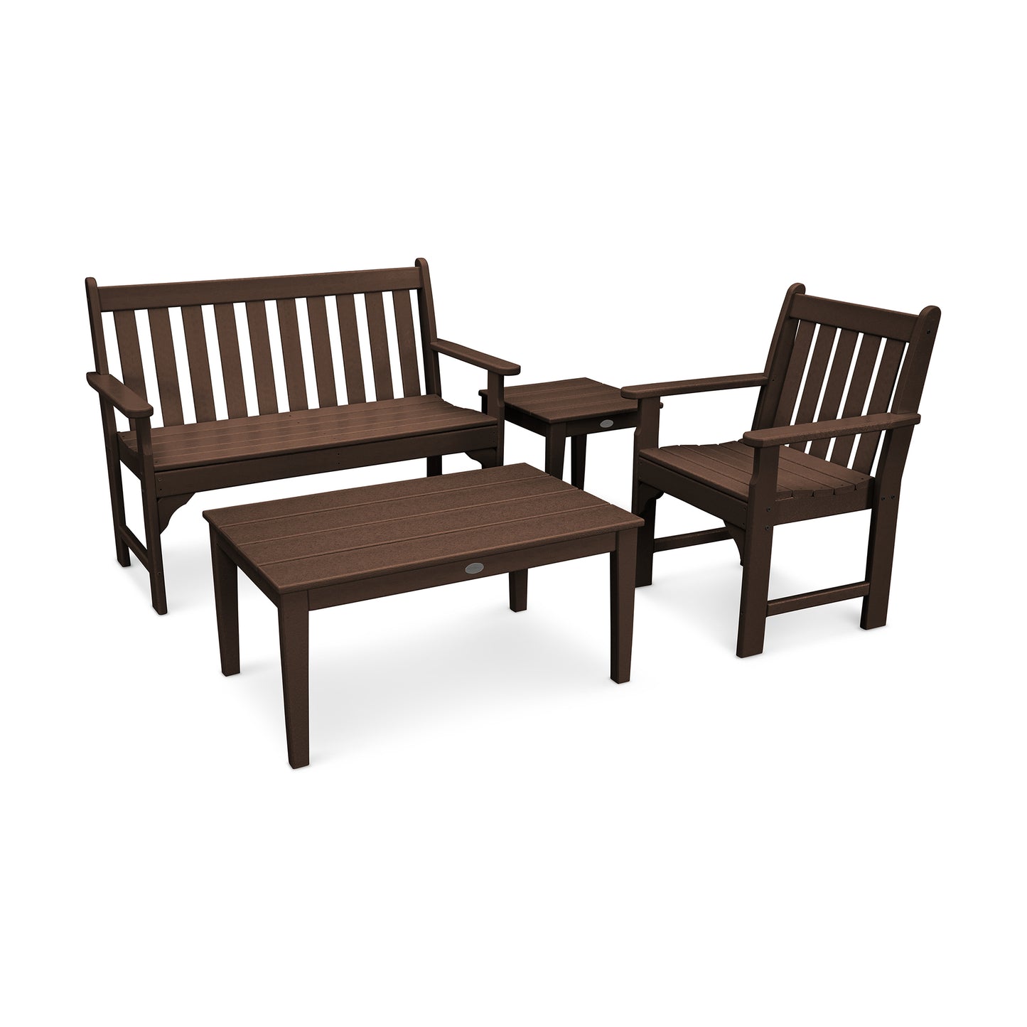 Outdoor seating set consisting of a bench, a chair, and a rectangular coffee table, all crafted in dark brown POLYWOOD Vineyard lumber with a slatted design, isolated on a white background.