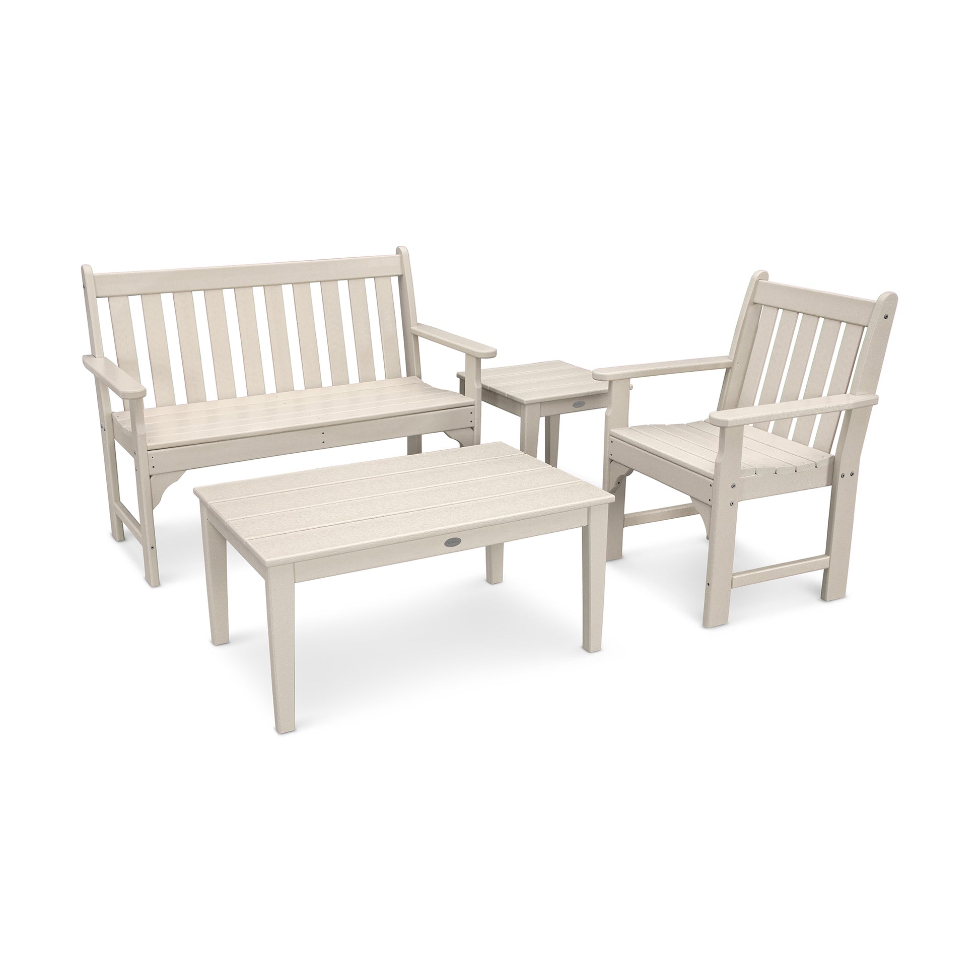 A set of POLYWOOD Vineyard 4-Piece Bench Seating Set in a light beige color, consisting of a bench, two chairs, and a rectangular coffee table, displayed against a white background.