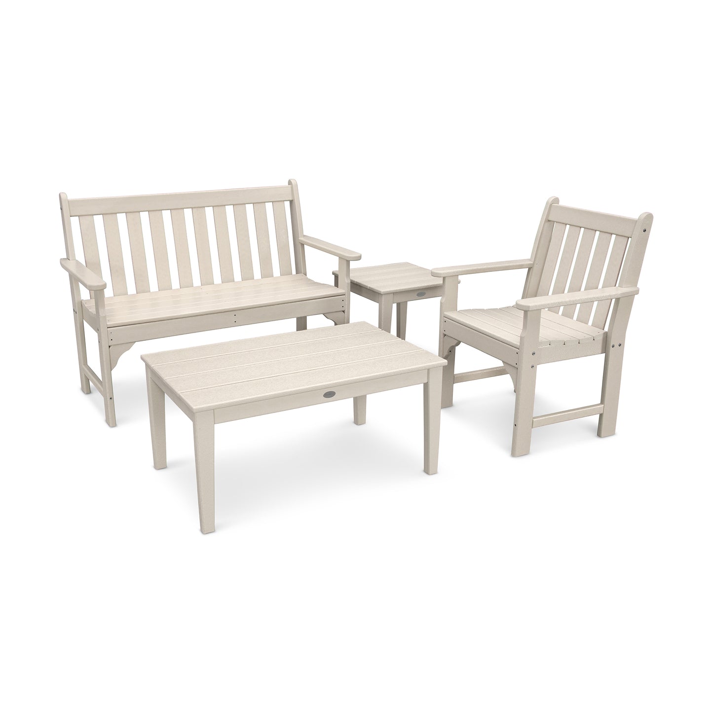 Vineyard 4-piece bench seating set made of eco-friendly beige POLYWOOD® lumber featuring a bench, armchair, coffee table, and side table.