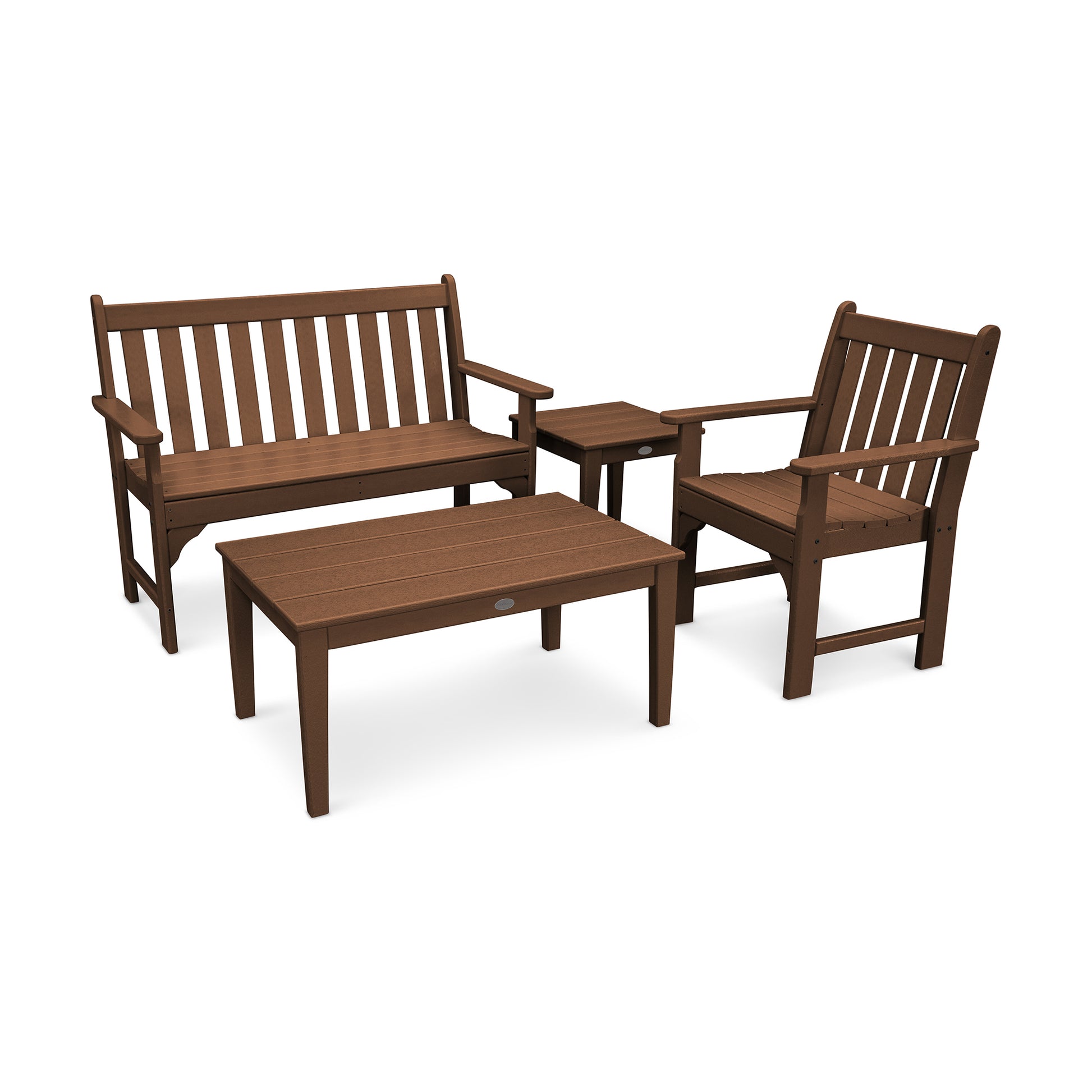 A POLYWOOD Vineyard 4-Piece Bench Seating Set featuring an eco-friendly POLYWOOD lumber with a brown slatted wood-style aesthetic, including two chairs connected by a small table, and a separate matching coffee table, on a plain