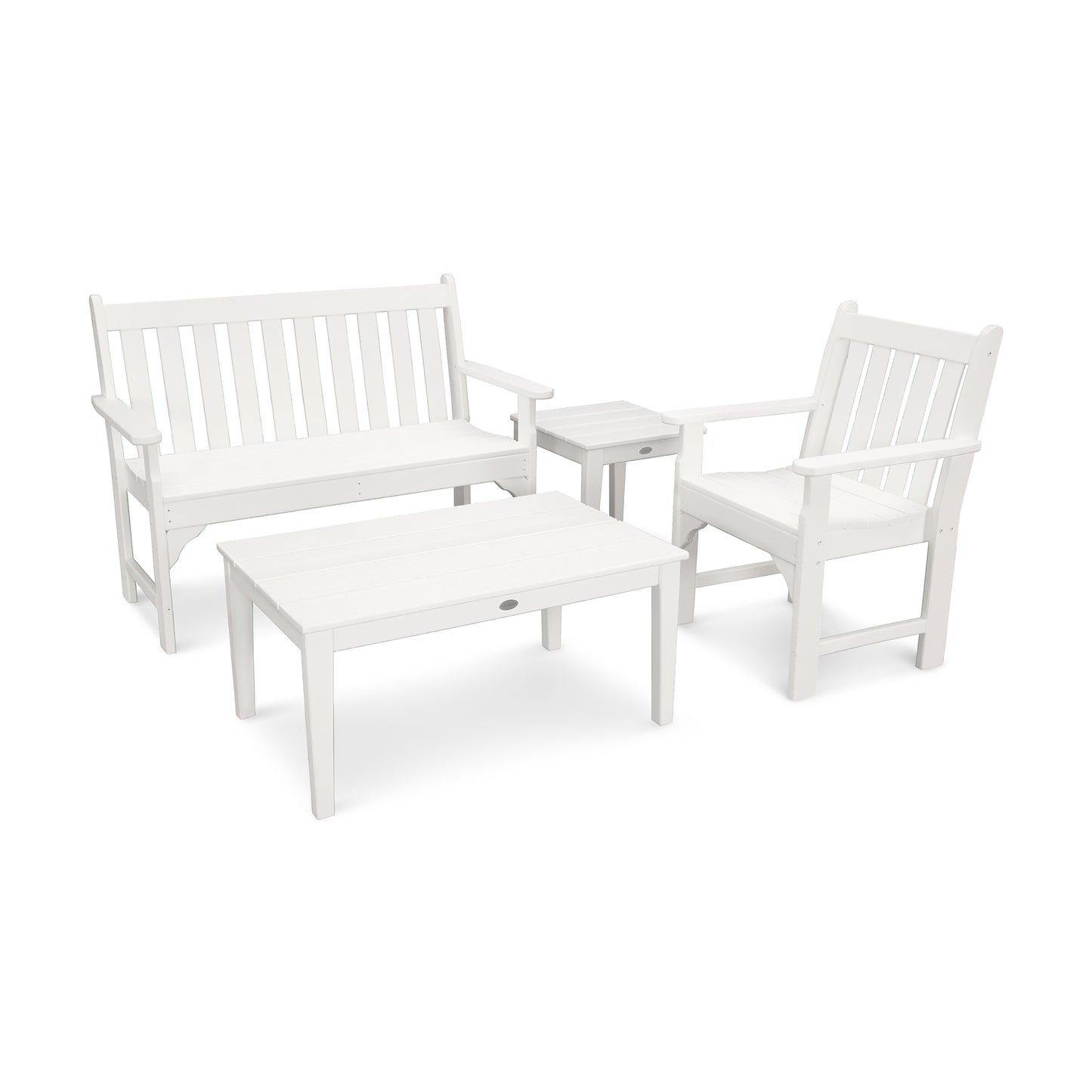 A set of white POLYWOOD Vineyard 4-Piece Bench Seating Set consisting of a bench, two chairs, and a coffee table, displayed against an all-white background.