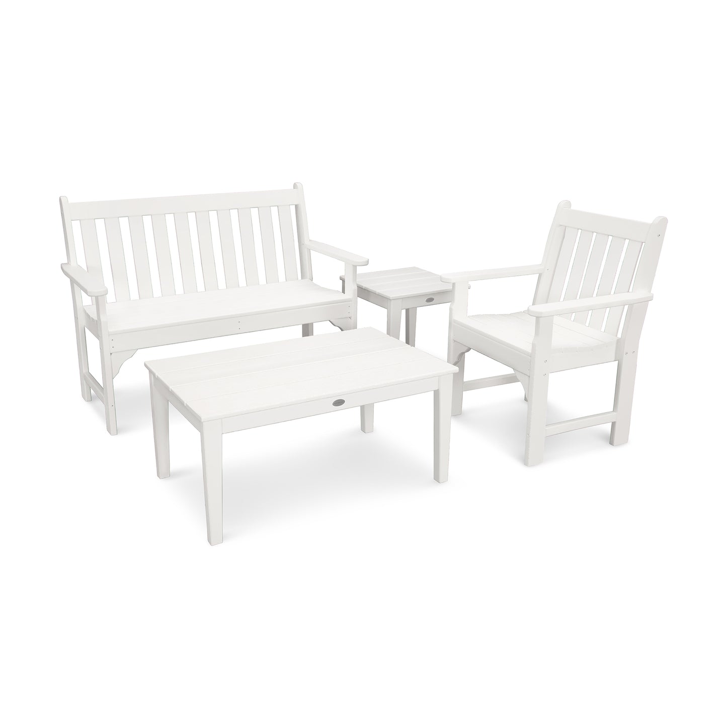 POLYWOOD Vineyard 4-Piece Bench Seating Set featuring an eco-friendly bench, armchair, coffee table, and side table.