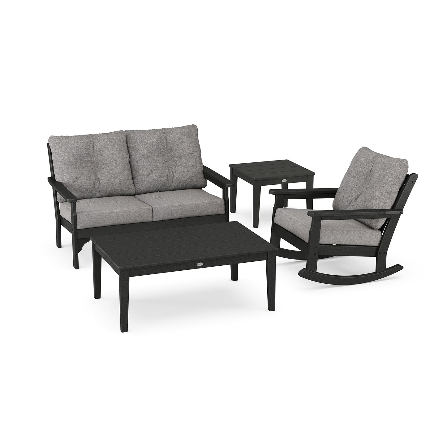 A contemporary luxury outdoor furniture set featuring a POLYWOOD Vineyard 4-Piece Deep Seating Rocker Set, all in black framing with gray cushions.