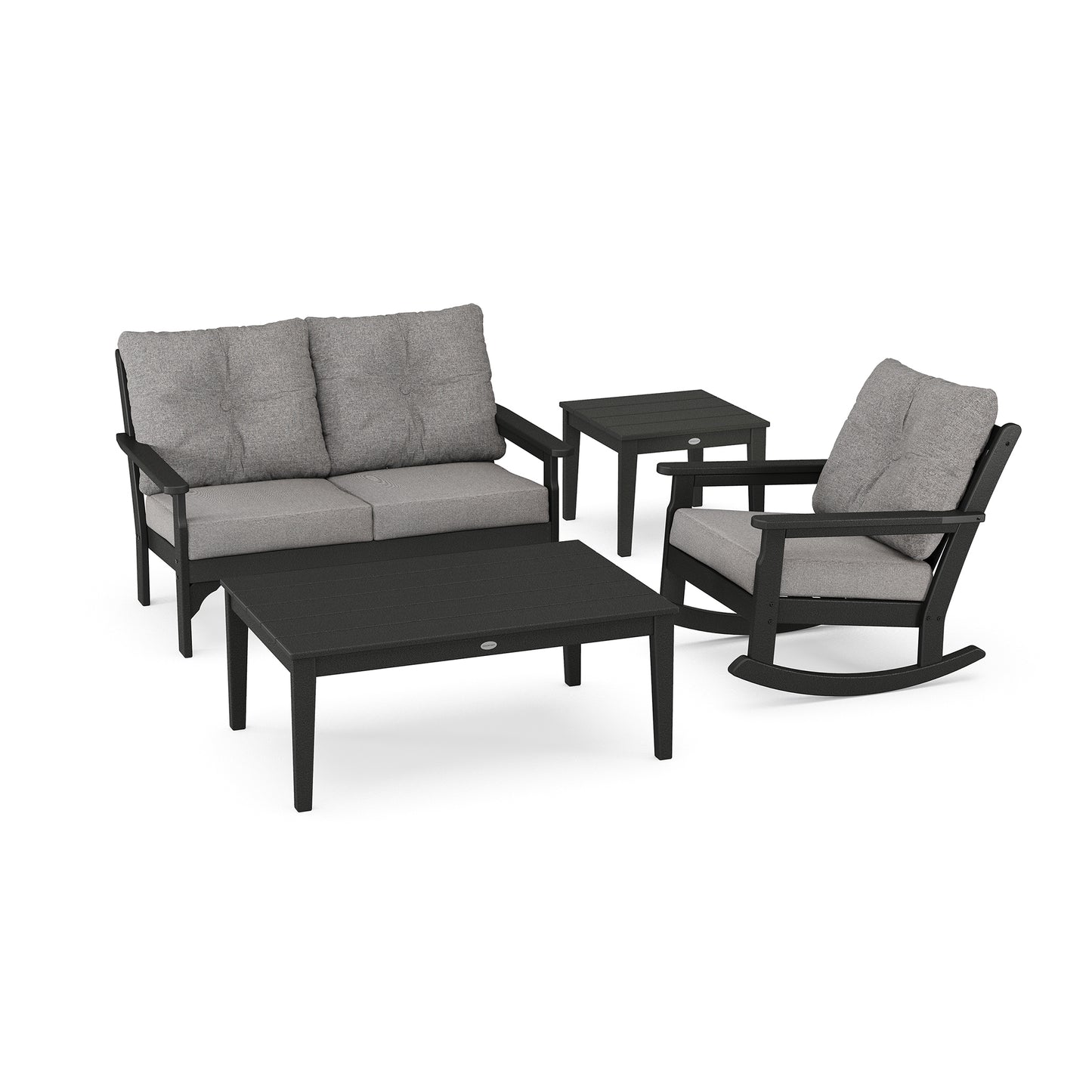 POLYWOOD Vineyard Rocker Set with gray-cushioned sofa and two black tables.