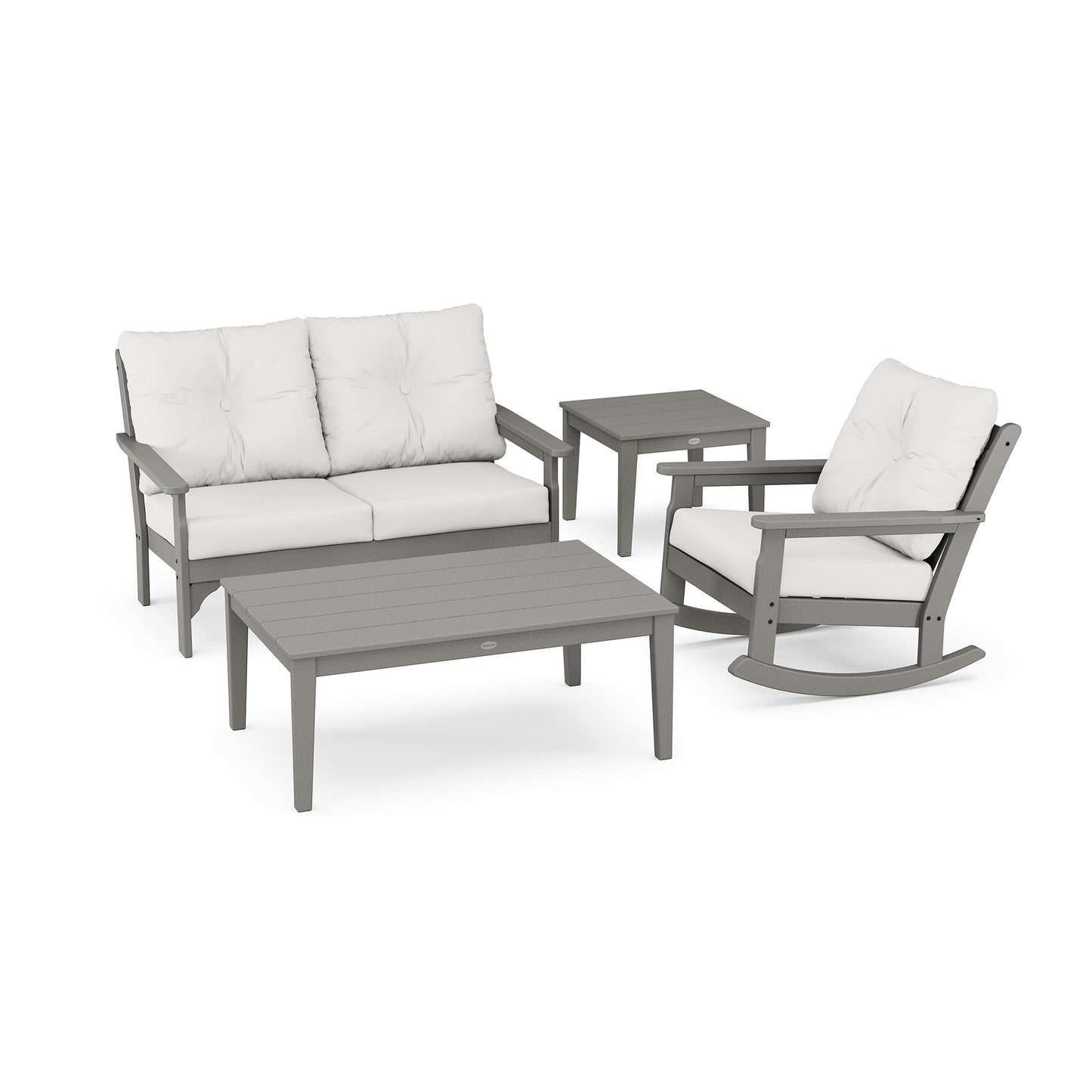 Outdoor furniture set on a white background, including a sofa with cushions, a rocking chair, and two matching tables. All pieces are from the POLYWOOD Vineyard 4-Piece Deep Seating Rocker Set.
